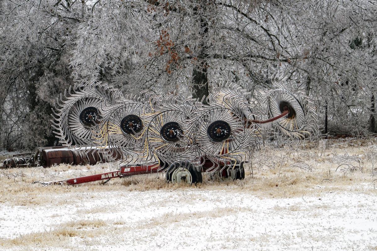 Hay rake during the ice storm 